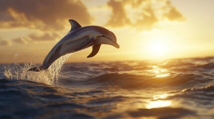 Fototapeta premium A dolphin leaps gracefully over ocean waves at sunset.