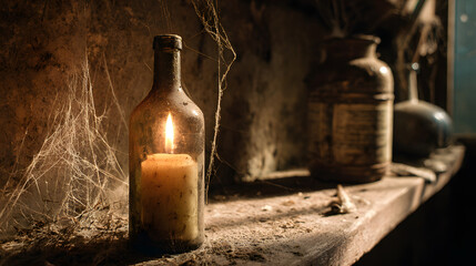 Vintage candle in glass bottle on dusty shelf with spider webs  