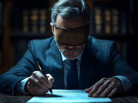 Businessman signing a contract while blindfolded