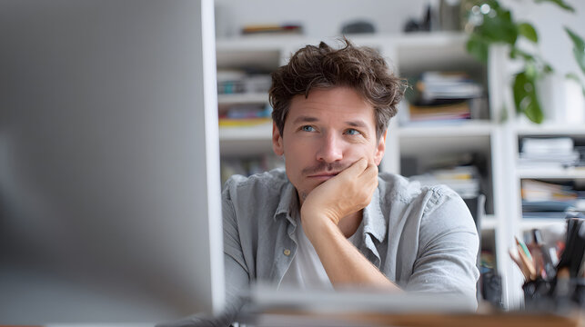 Thoughtful man reflecting while working at desk in modern office - Powered by Adobe