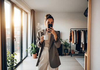 Woman holding coffee mug taking selfie in stylish room steaming