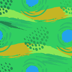 Seamless abstract pattern with bold green brush strokes and dots