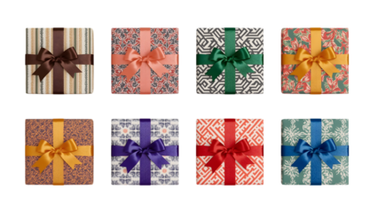 Wrapped Wonders: Eight elegantly wrapped gift boxes, each adorned with a vibrant ribbon, arranged in a symmetrical pattern, symbolizing generosity, special occasions, and thoughtful gestures.