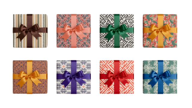 Wrapped Wonders: Eight elegantly wrapped gift boxes, each adorned with a vibrant ribbon, arranged in a symmetrical pattern, symbolizing generosity, special occasions, and thoughtful gestures.