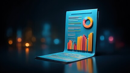 A futuristic, glowing blue foldable screen displaying colorful data analytics, including bar and pie charts, against a dark bokeh background.