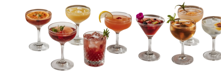 Cocktail assortment: A curated array of vibrantly colored, expertly crafted cocktails, each artfully presented in elegant glassware. An inviting display that speaks to refined taste and celebration.