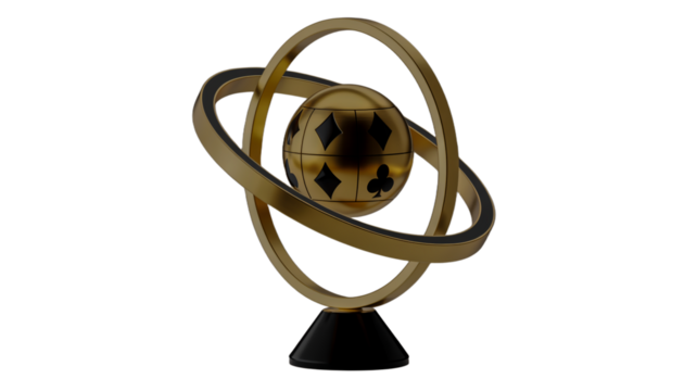 Golden Armillary Sphere Trophy with Card Suit Symbols on White Background award prize