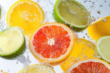 Citrus Burst: Slices of Grapefruit, Lemon, Lime, and Orange Underwater with Splashes and Bubbles