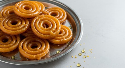 Golden brown Jalebi, a popular Indian sweet, served on a plate. Crispy spiral-shaped dessert soaked in sugar syrup, a traditional festival treat.