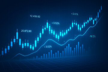 Futuristic glowing blue stock market chart with candlestick patterns, vertical bar graphs, and global finance digital trading analytics background