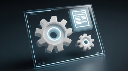 A futuristic holographic display showcasing two interlocking gears and a document icon, representing technology and engineering.