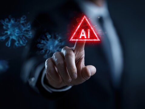 Business man holding digital chatbot Artificial Intelligence (AI) with hacking and warning alert. cyber attack network, spyware or Malicious software. Technology cyber security and cybercrime.