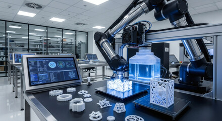 A futuristic autonomous robotic transporter with glowing blue lights navigates a modern, spacious interior with large windows overlooking a city skyline.