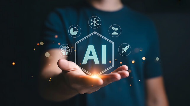 Person holding a glowing hexagonal ai icon with digital technology symbols and particles floating around