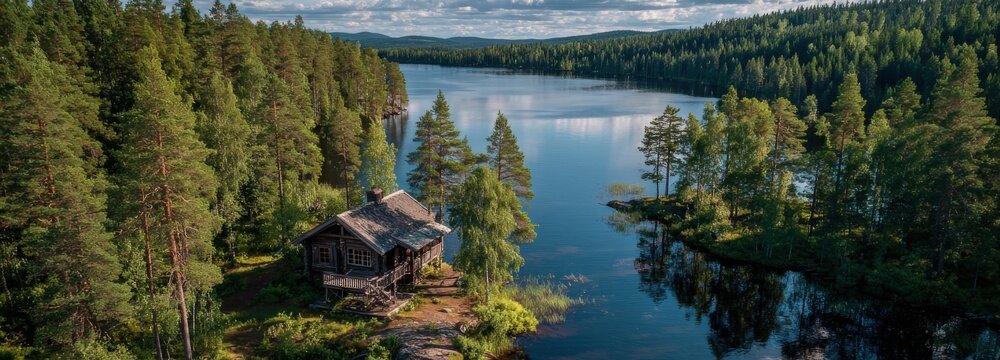 Secluded wooden cabin on stilts by Lake Inari amidst lush pine forest in summer sunlight - Powered by Adobe