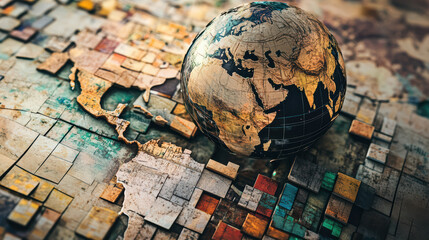 Fragmented globe showcasing continents and countries, symbolizing global trade dynamics and international relations. intricate design highlights tariffs and sanctions, evoking sense of complexity