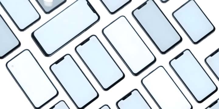 Abstract Mobile Display: An eye-level view of a collection of modern smartphones arranged in an ordered display, showcasing their sleek screens in a crisp, sharp photograph. 