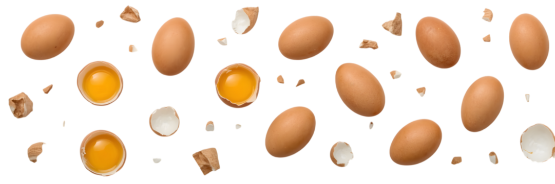 Egg Composition: A dynamic composition of whole and cracked brown eggs, highlighting the fresh, golden yolk and the texture of the shell fragments, ideal for culinary or health-focused imagery.