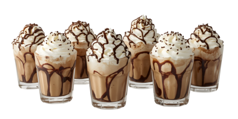 Decadent Dessert in Glass: An array of meticulously arranged dessert in glasses, each one crowned with whipped cream, chocolate drizzle, creating an inviting display
