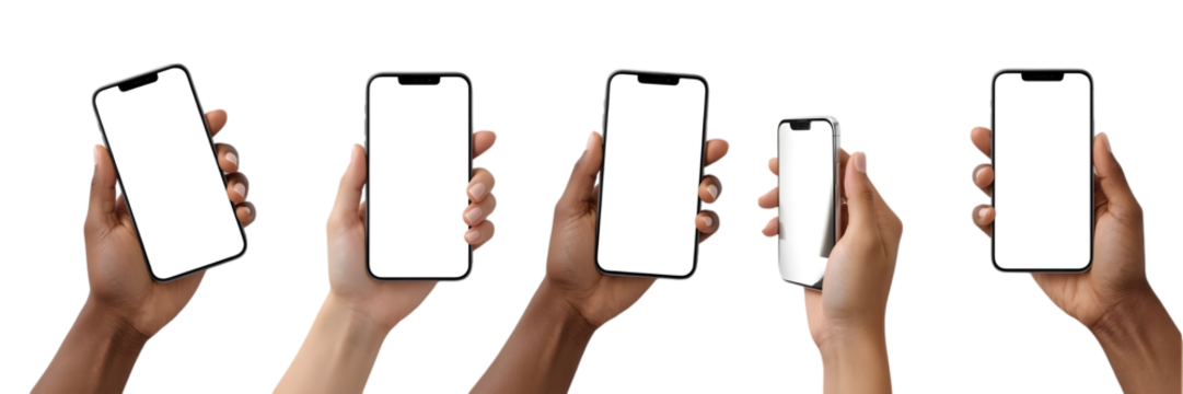 Hands and Phones: A collection of hands, with diverse skin tones, each delicately holding a sleek, modern smartphone with a clean, bright screen. This image evokes ideas of communication, technology.