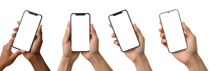 Modern Mobile Devices Showcase: Hands display a series of modern smartphones, each held in a unique orientation. Blank screen provides perfect area for application or design showcase. 