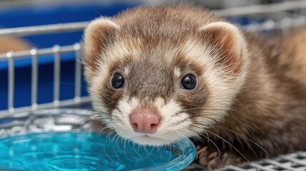 Tawny ferret explores electrolyte solution in violet-barred cage against white backdrop