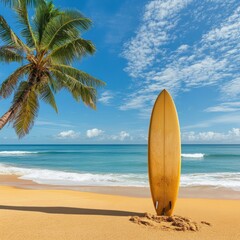Tropical Beach Scene. Vintage Surfboard Under Palm Tree, Sunny Day, Idyllic Ocean View