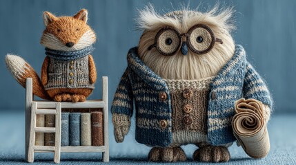 Owl librarian with knitted fox assistant in a cozy reading nook against a blue backdrop