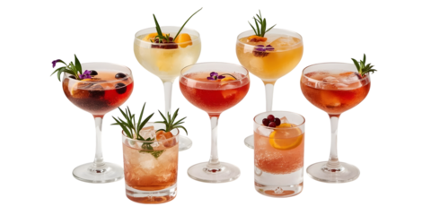 A Symphony of Cocktails: An array of beautifully arranged cocktails, each a unique fusion of vibrant colors and enticing flavors, inviting an unforgettable sensory experience.