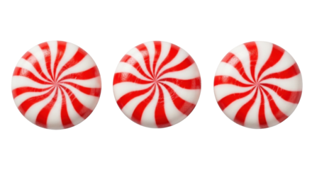 Three round classic peppermint candies, vibrant red and white swirls, glossy, reflective, on seamless transparent, high-angle studio shot, commercial product photography concept