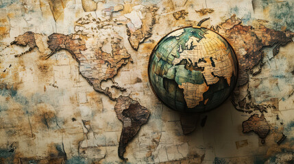 Fototapeta premium Globe positioned against vintage world map, showcasing intricate details and textures. globe features mix of colors, highlighting various continents and oceans, evoking sense of exploration