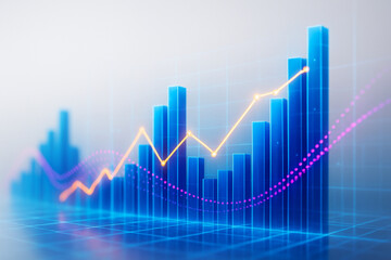 Futuristic financial chart with glowing holographic bars, orange line graph, and magenta wave for modern business and data analysis