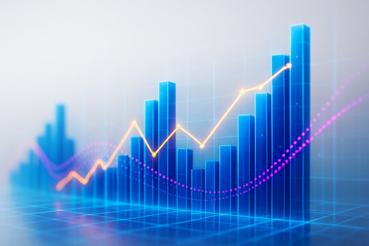 Futuristic financial chart with glowing holographic bars, orange line graph, and magenta wave for modern business and data analysis - Powered by Adobe