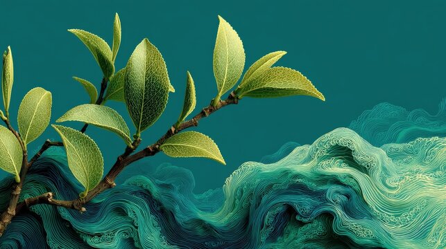 Single tea leaf and bamboo whisk on jade surface with tea garden backdrop