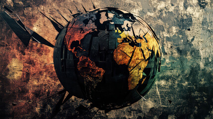 Shattered globe representing global trade issues, showcasing tariffs and sanctions, with dramatic background. image evokes sense of conflict and division in international relations