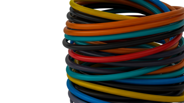 Vibrant Multicolored Electrical Wires Coiled Together on White Background cable cord - Powered by Adobe