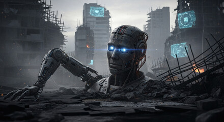 An advanced robotic arm performs 3D printing in a high-tech laboratory with prototypes on a table.