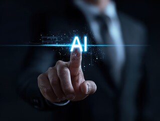 Business man using digital chatbot application Artificial Intelligence (AI). Futuristic technology transformation by entering command prompt for ar