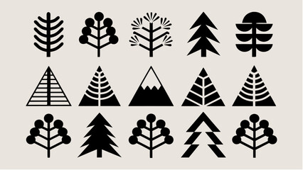 Obraz premium Collection of diverse stylized black trees and mountain peaks on a light background illustration art | editable eps vectors silhouette