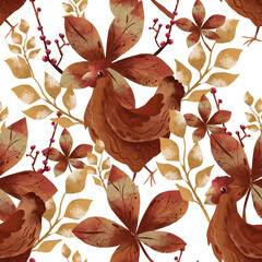 Seamless pear pattern. Different herbs and flowers, hand-drawn. Vintage vector illustration of flowers. Colorful banner. An idea for wallpaper and textiles. Linear drawing. Rustic style. Chicken