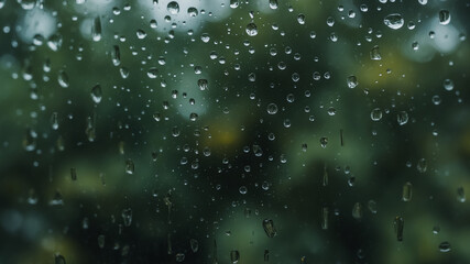 Close-up of raindrops on a window pane with a blurred green forest background water