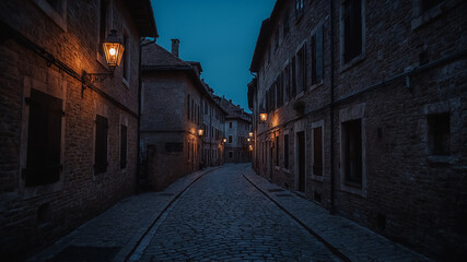 Fototapeta premium Cobblestone Street Lined with Old Buildings at Dusk alley old town