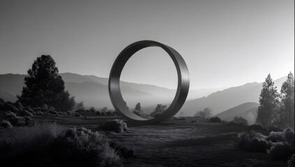 Black and white landscape photography of circle art installation outdoors