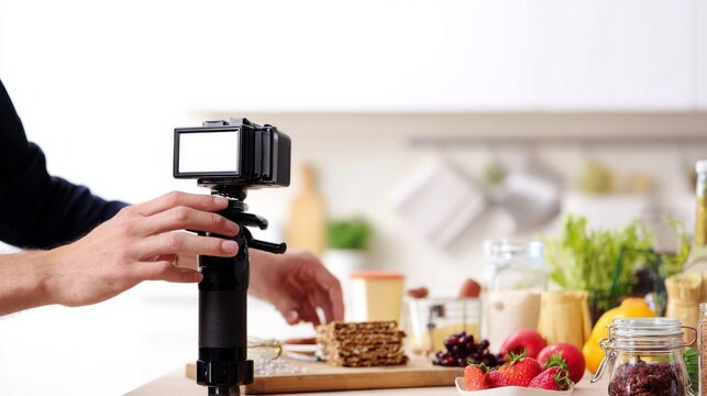 Close-up of a camera on a tripod, preparing for a food video recording in a kitchen.