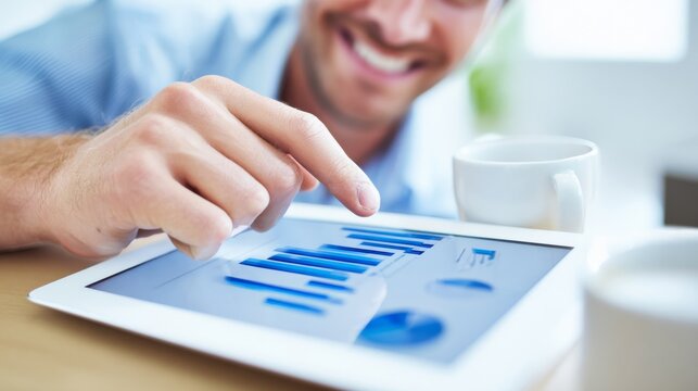 Businessman analyzing financial data on a tablet during a meeting, with a smile.