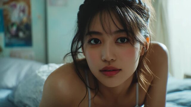 young pretty Asian woman allure look in sexy white  dress at bedroom looking at camera 
