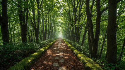 Fototapeta premium Sunlit Pathway Through a Lush Green Forest with Mossy Stone Borders sunlight