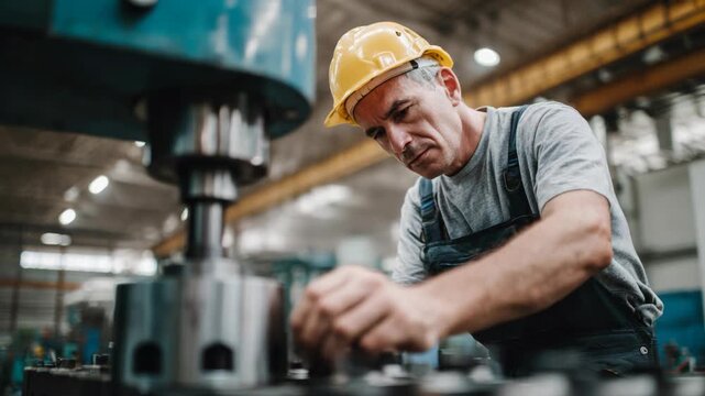 senior old Caucasian factory worker working in product line at factory 