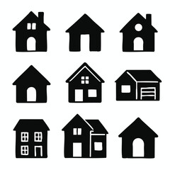 Collection of nine different hand drawn house icons in black silhouette on a white background creating a minimalist and clean design