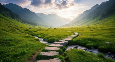 Obraz premium A stone path winds through a vibrant green valley surrounded by majestic mountains under a bright sky